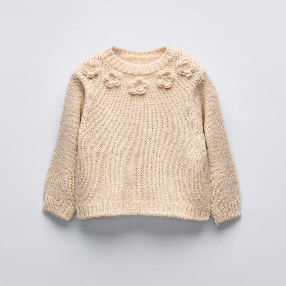 Zara girls Cream Knit Sweater with Floral Accents 6